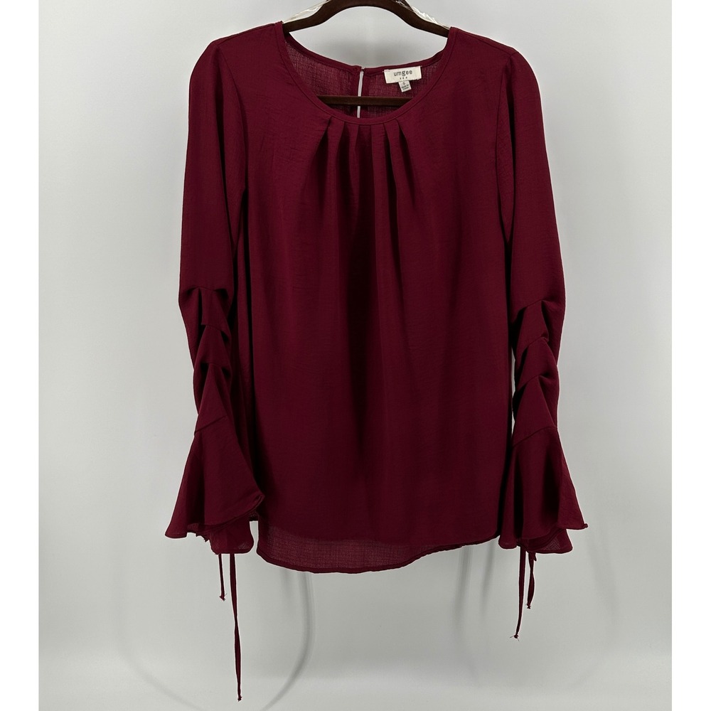 Umgee Burgundy Long Bell Sleeve Pleated Blouse Oversized S Romantic Feminine